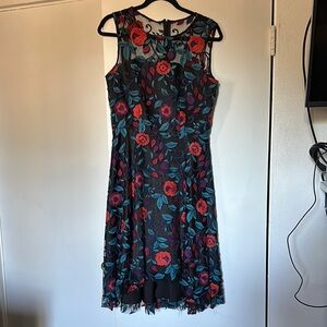Tahari ASL Floral Embroidered Black Midi Dress